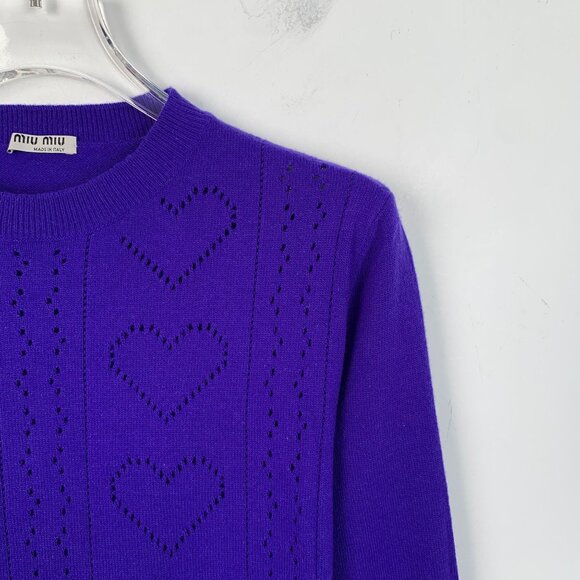 Miu Miu Purple Wool Heart Knit Crewneck Sweater Womens Size 36 Made In Italy - Picture 3 of 8